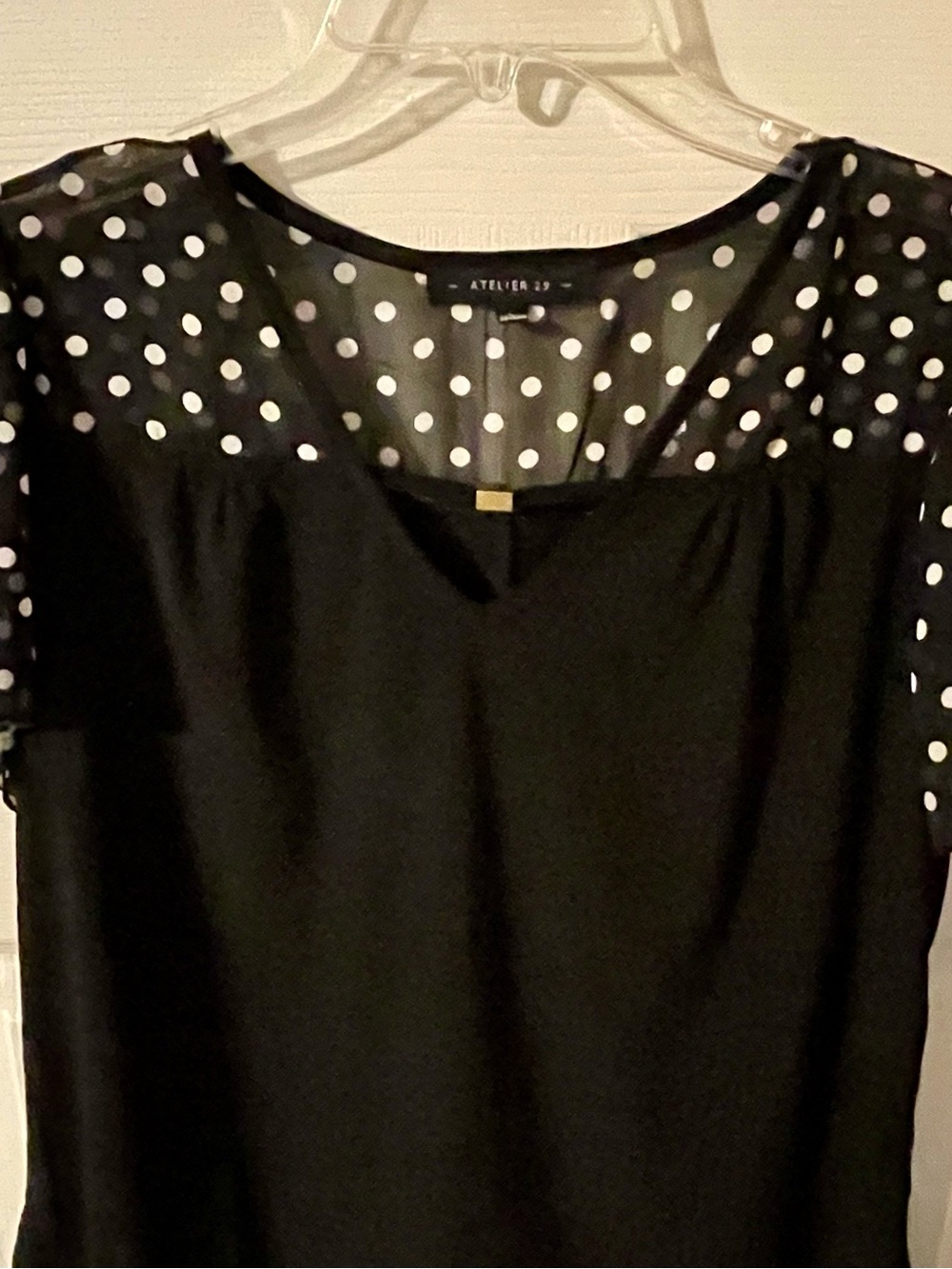 Atelier 29 Polka Dot Trim Sheer Sleeves Black Blouse - size Large - Picture 3 of 5